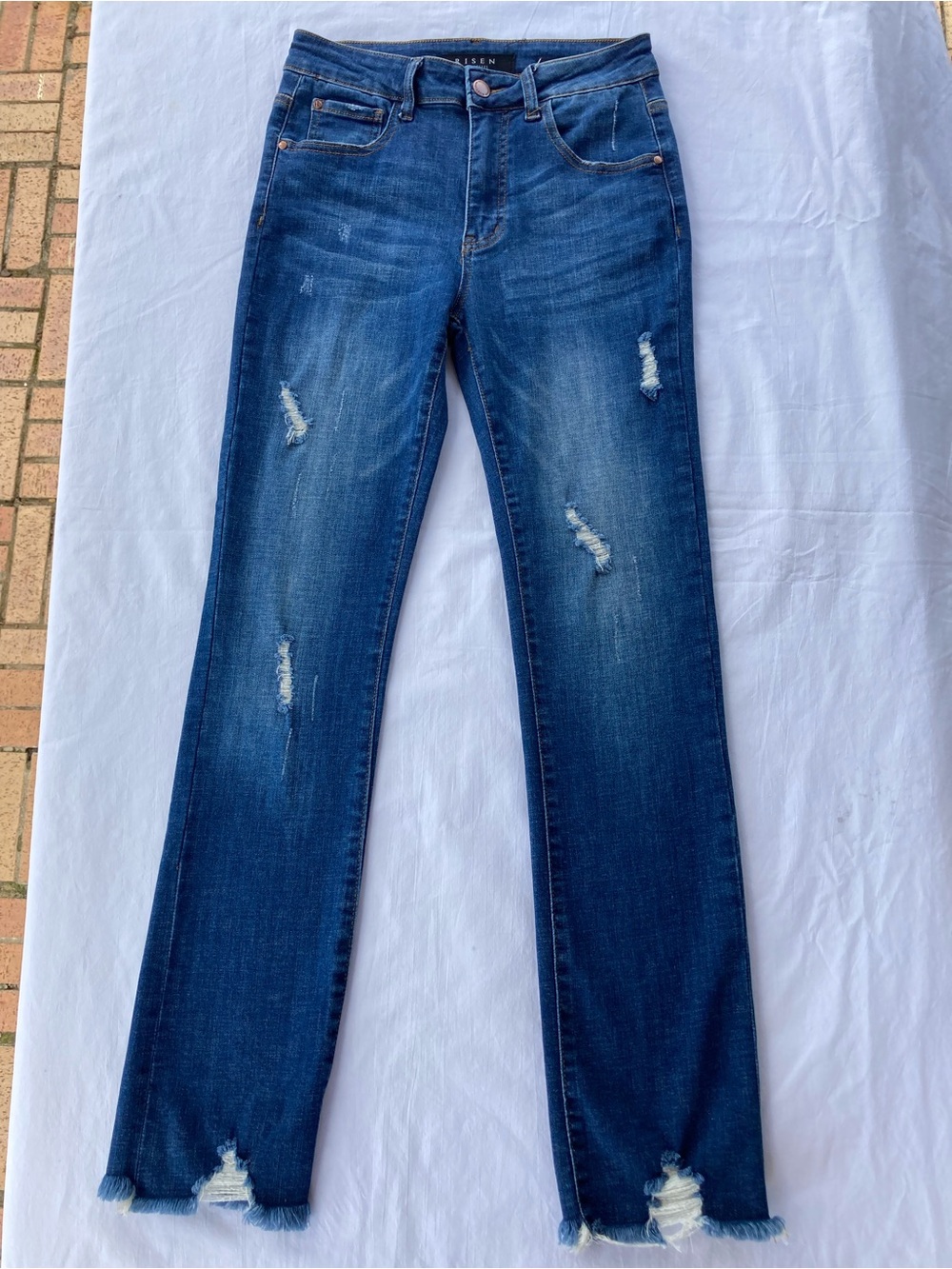 RISEN Los Angeles Jeans High Rise Distressed Frayed Hem Size 28 7,  inseam 30"